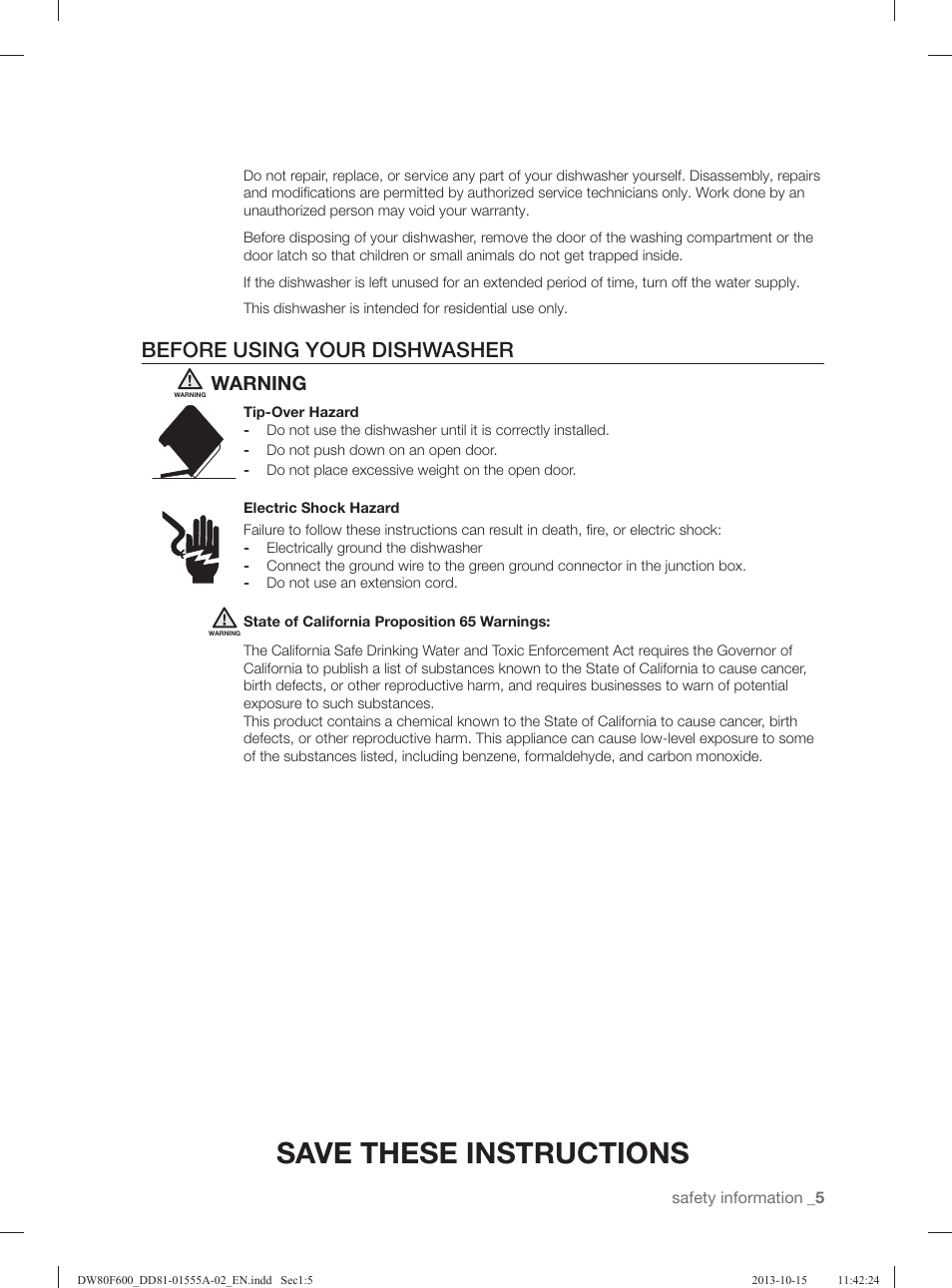 Save these instructions, Before using your dishwasher, Warning | Samsung DW80F600UTB-AA User Manual | Page 5 / 96