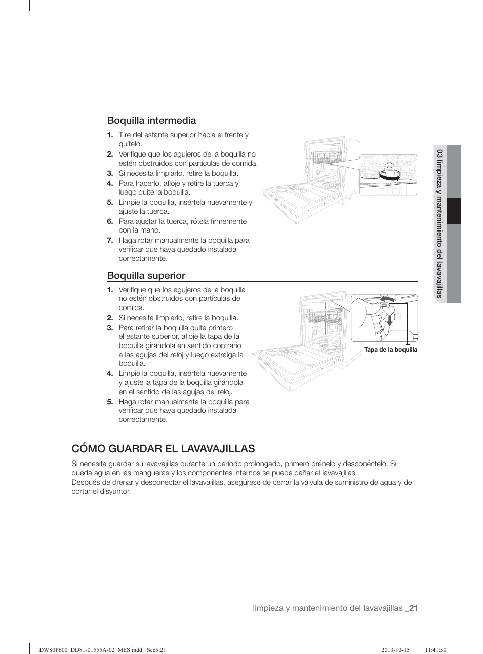 Cómo guardar el lavavajillas, Boquilla intermedia, Boquilla superior | Samsung DW80F600UTB-AA User Manual | Page 53 / 96