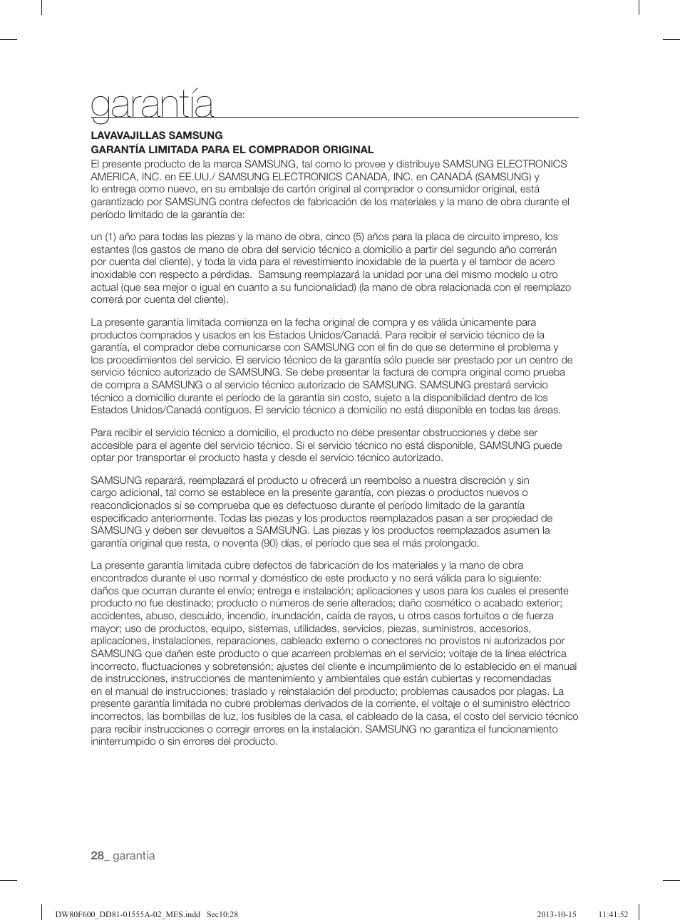 Garantía | Samsung DW80F600UTB-AA User Manual | Page 60 / 96