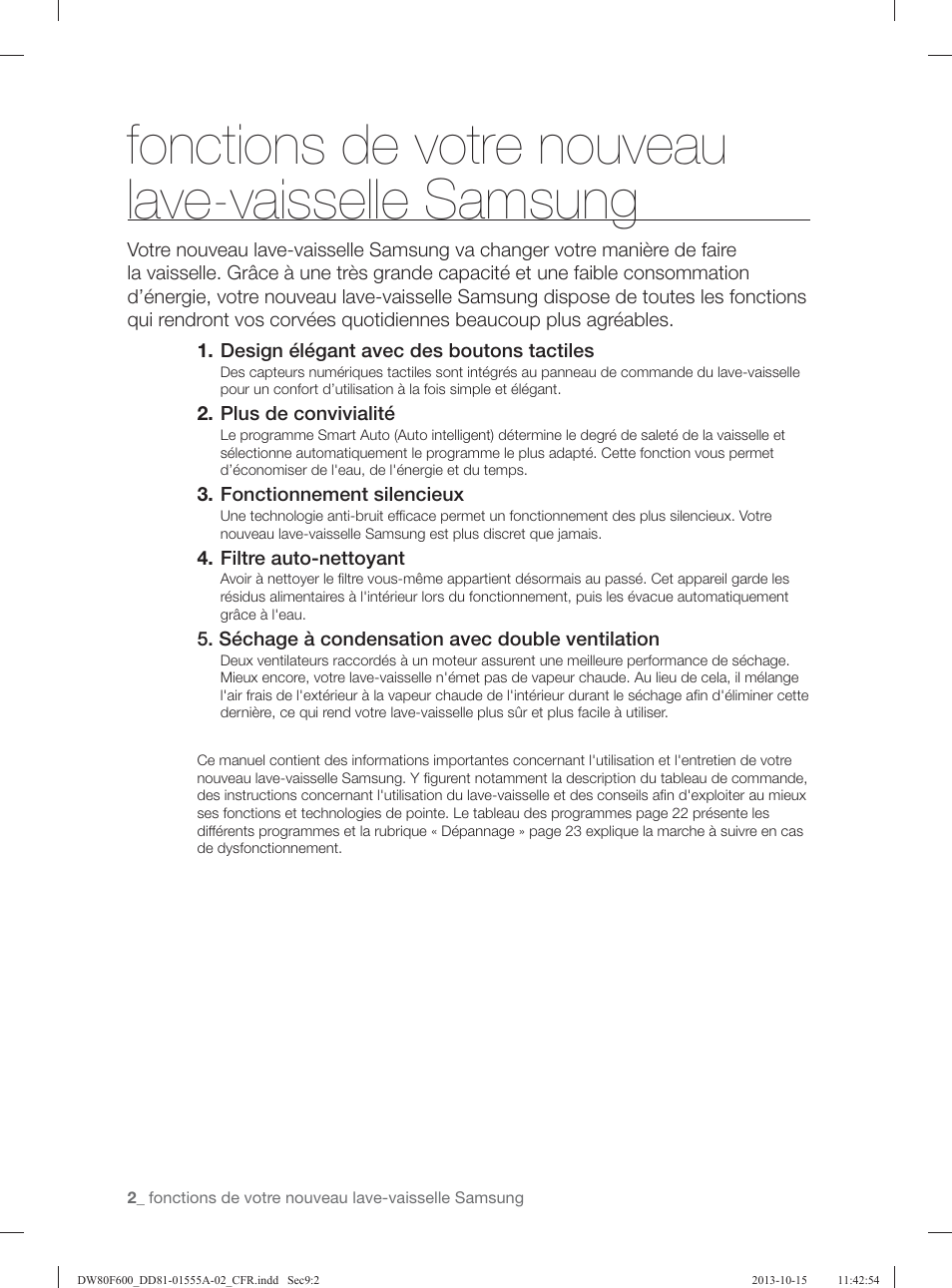 Fonctions de votre nouveau lave-vaisselle samsung | Samsung DW80F600UTB-AA User Manual | Page 66 / 96