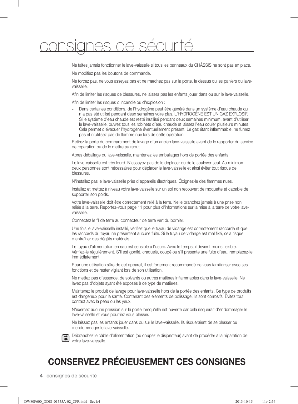 Consignes de sécurité, Conservez précieusement ces consignes | Samsung DW80F600UTB-AA User Manual | Page 68 / 96