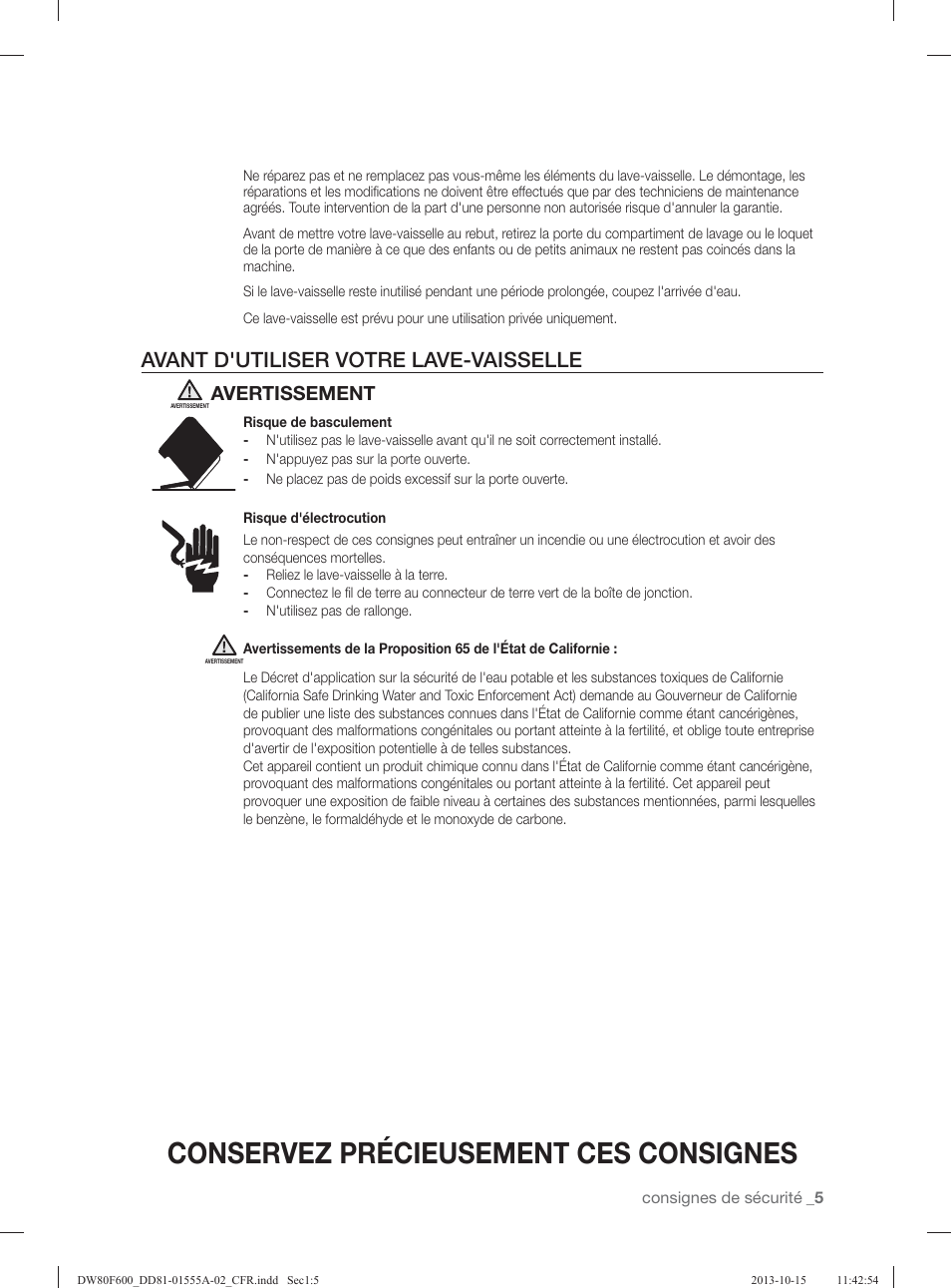Conservez précieusement ces consignes, Avant d'utiliser votre lave-vaisselle, Avertissement | Samsung DW80F600UTB-AA User Manual | Page 69 / 96