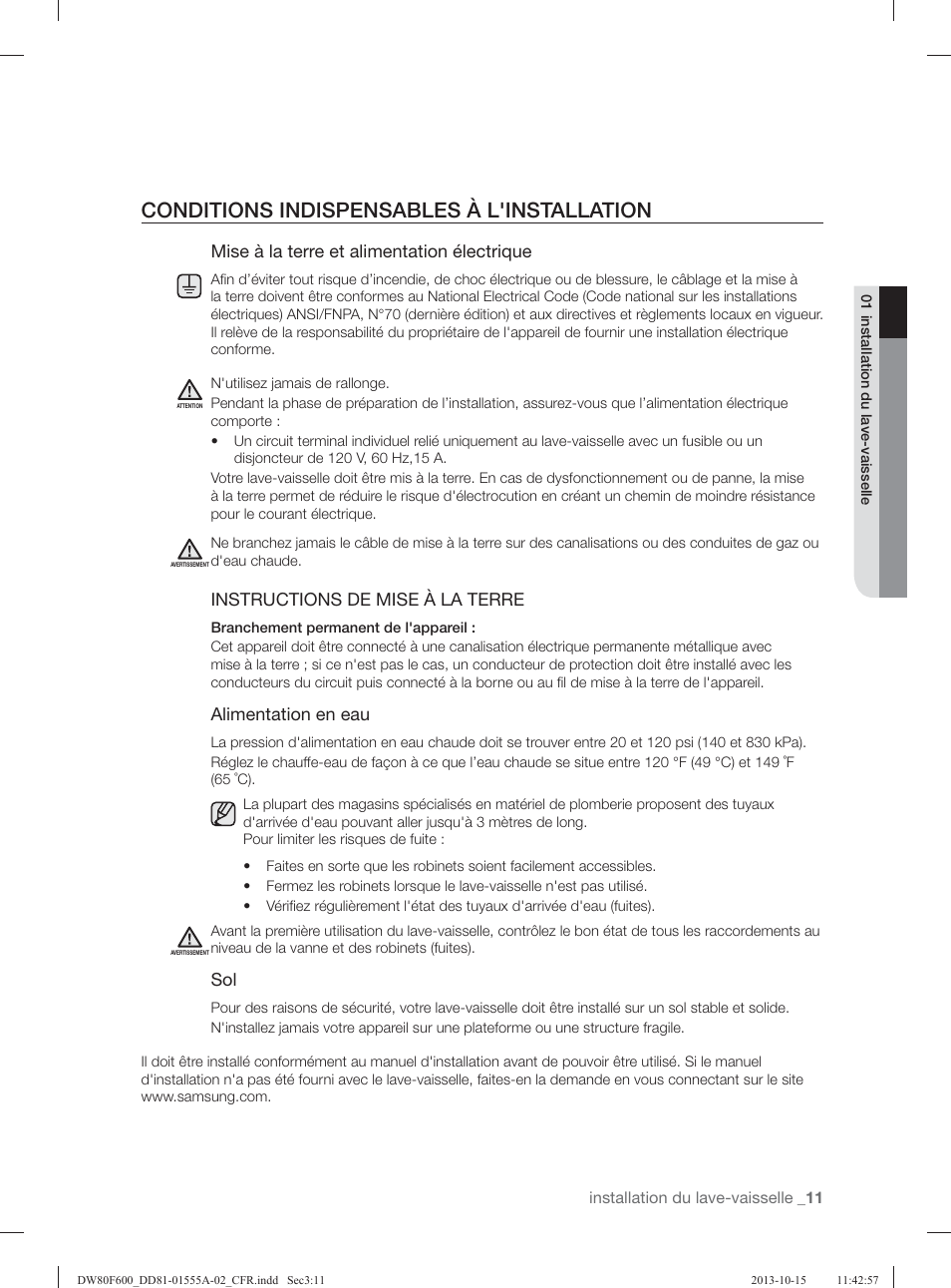 Conditions indispensables à l'installation, Mise à la terre et alimentation électrique, Instructions de mise à la terre | Alimentation en eau | Samsung DW80F600UTB-AA User Manual | Page 75 / 96
