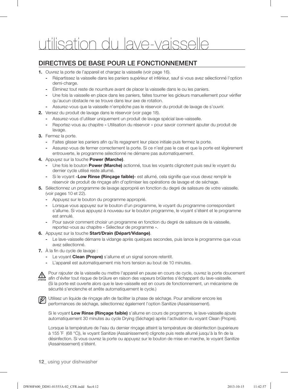 Utilisation du lave-vaisselle, Directives de base pour le fonctionnement | Samsung DW80F600UTB-AA User Manual | Page 76 / 96