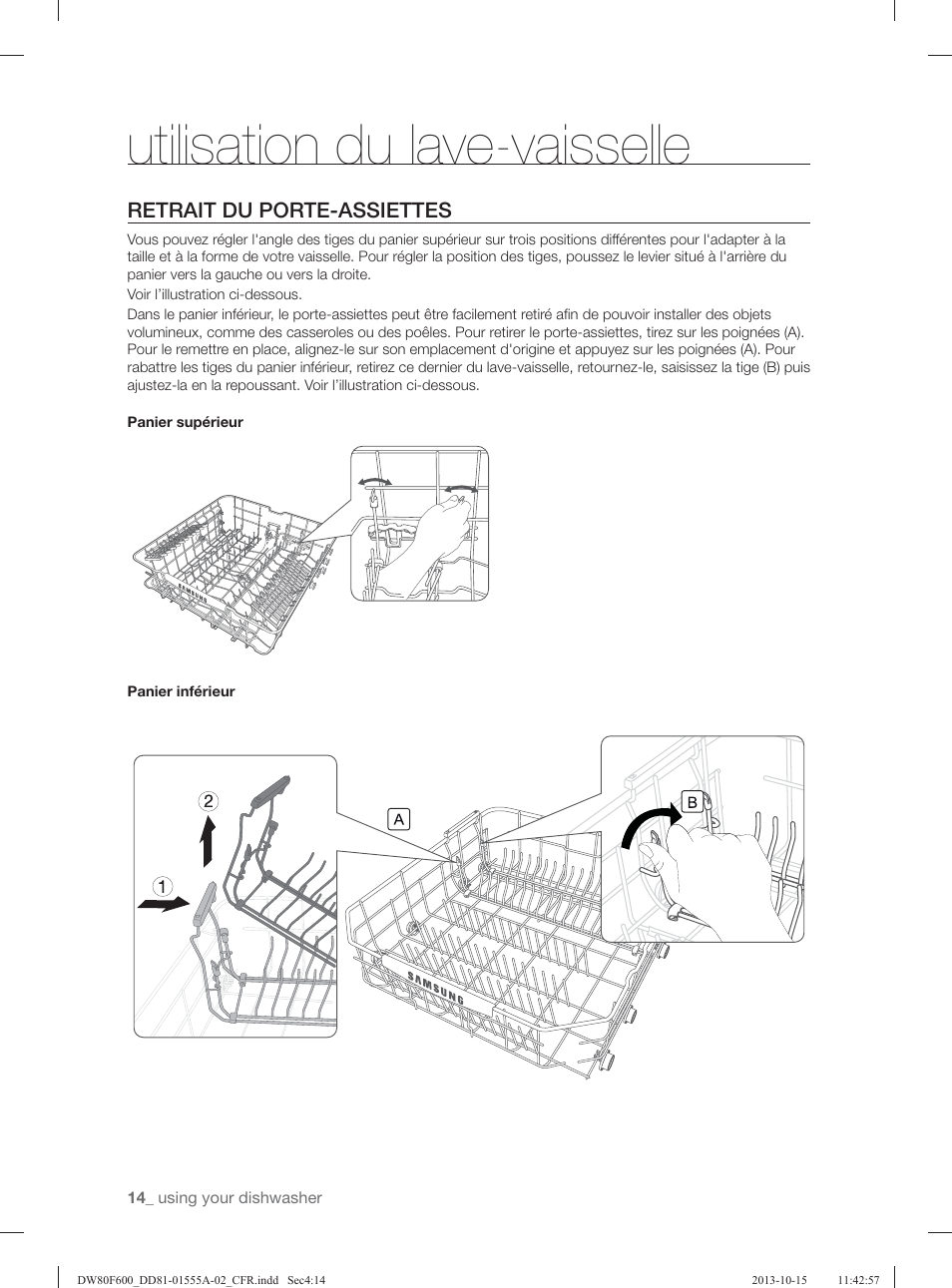 Utilisation du lave-vaisselle, Retrait du porte-assiettes | Samsung DW80F600UTB-AA User Manual | Page 78 / 96