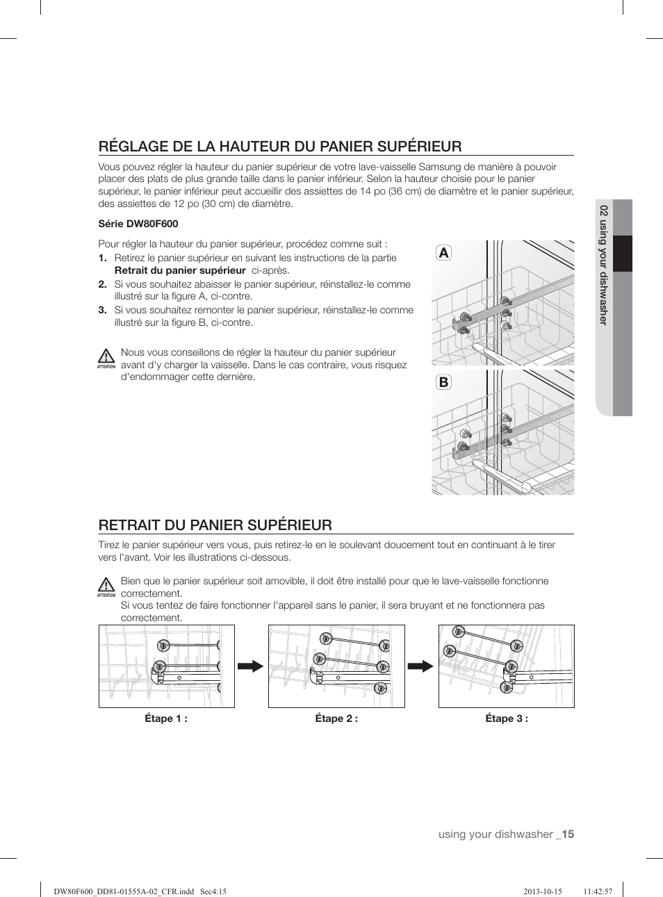 Réglage de la hauteur du panier supérieur, Retrait du panier supérieur | Samsung DW80F600UTB-AA User Manual | Page 79 / 96