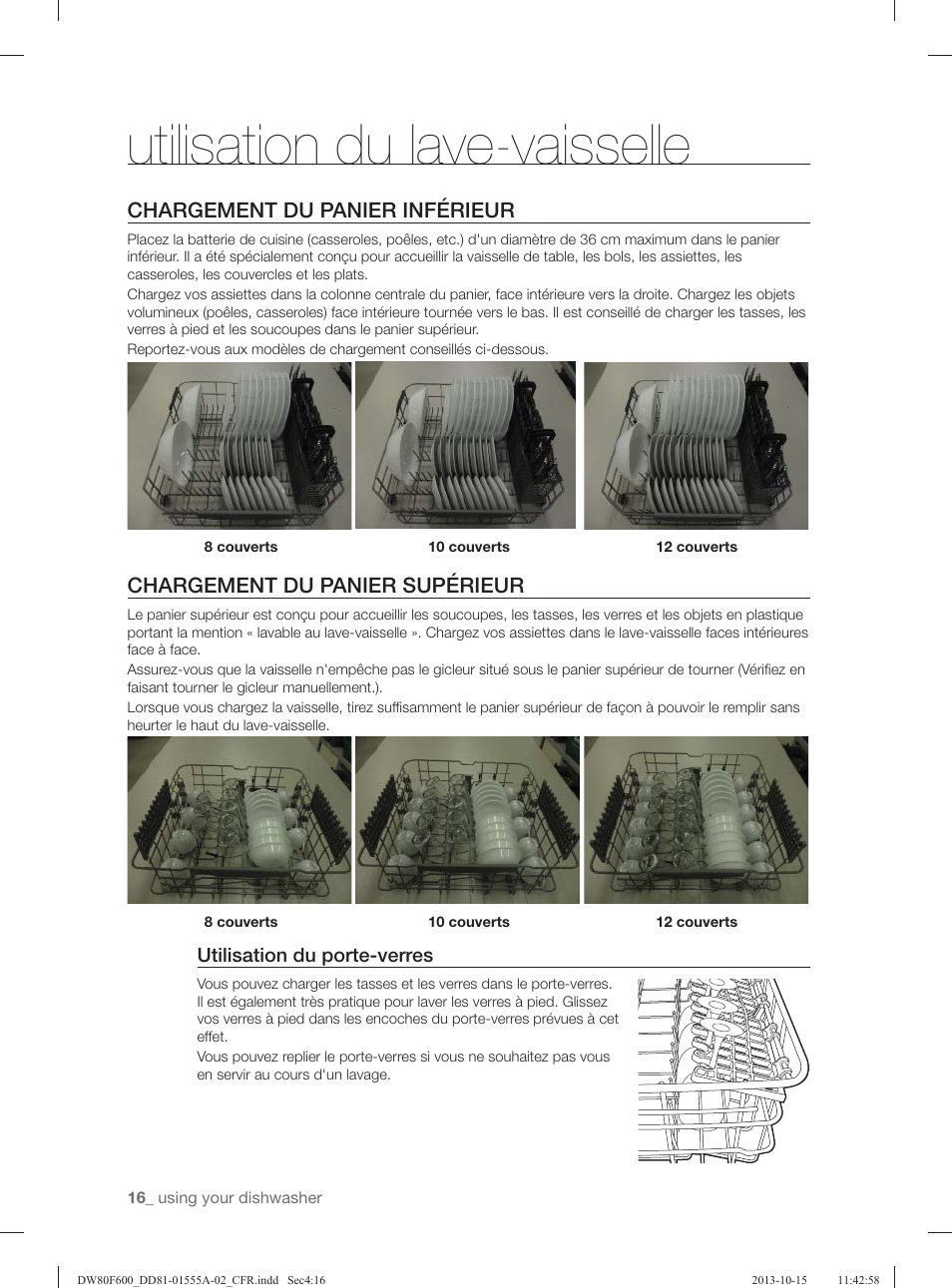 Utilisation du lave-vaisselle, Chargement du panier inférieur, Chargement du panier supérieur | Samsung DW80F600UTB-AA User Manual | Page 80 / 96
