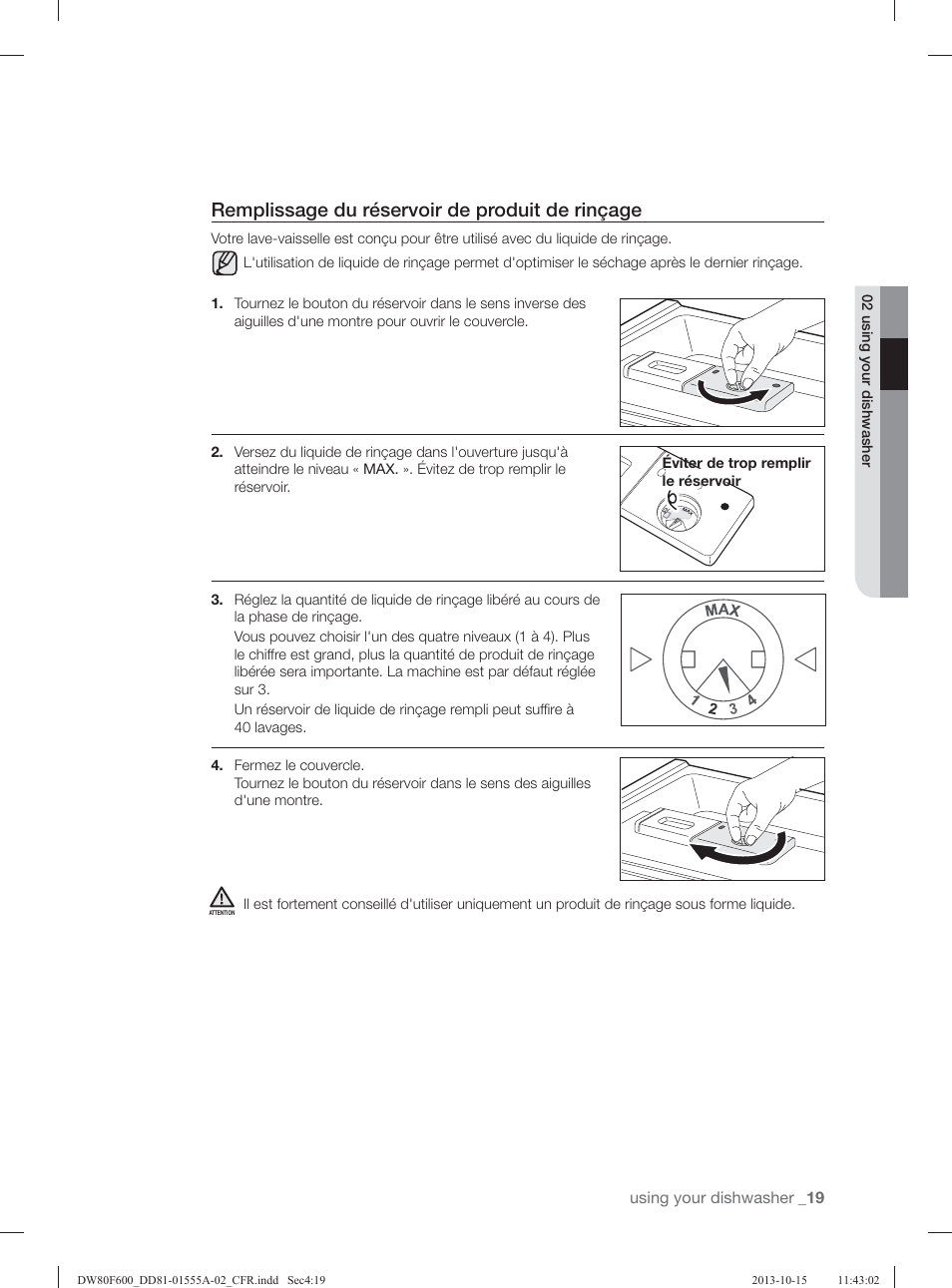 Remplissage du réservoir de produit de rinçage | Samsung DW80F600UTB-AA User Manual | Page 83 / 96