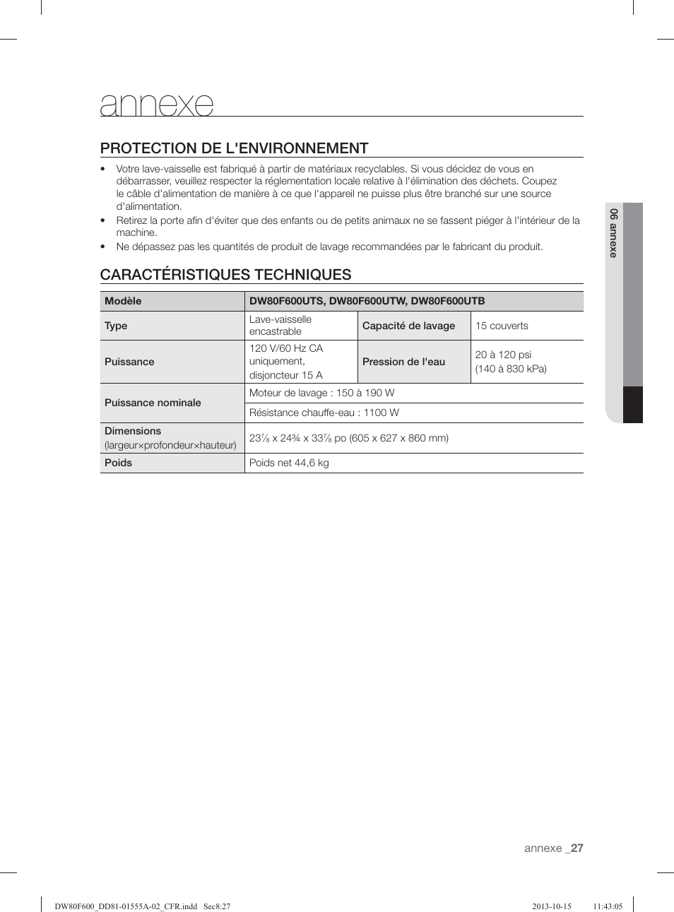 Annexe, Protection de l'environnement, Caractéristiques techniques | Samsung DW80F600UTB-AA User Manual | Page 91 / 96