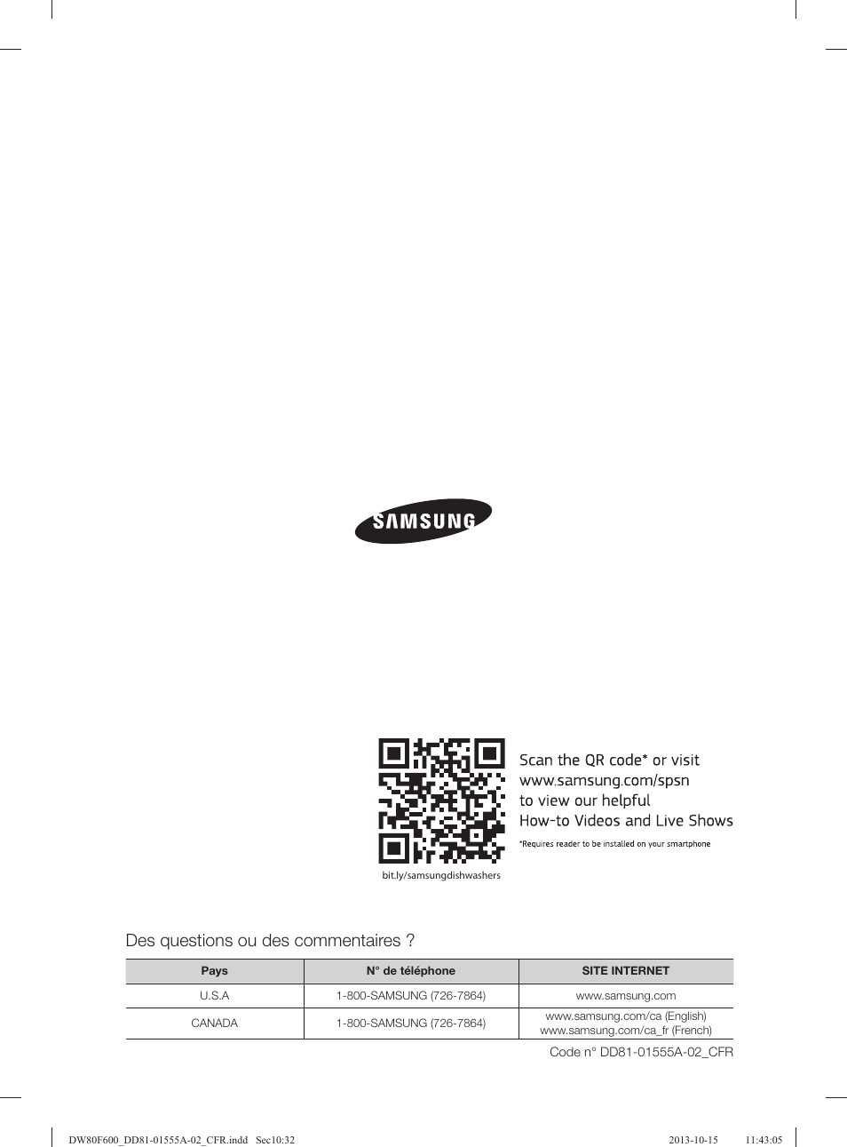 Des questions ou des commentaires | Samsung DW80F600UTB-AA User Manual | Page 96 / 96