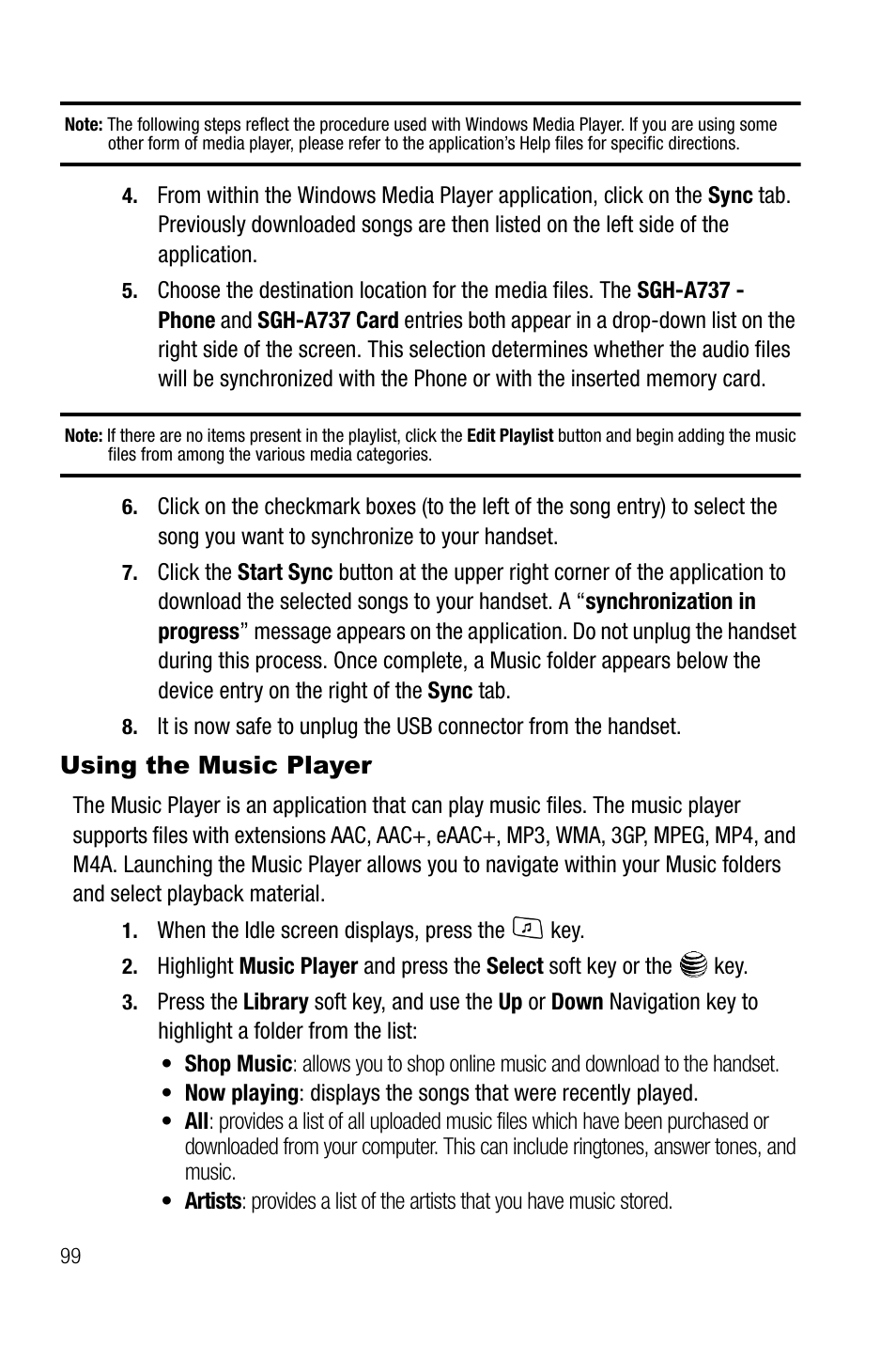 Using the music player | Samsung SGH-A737HBAATT User Manual | Page 102 / 180