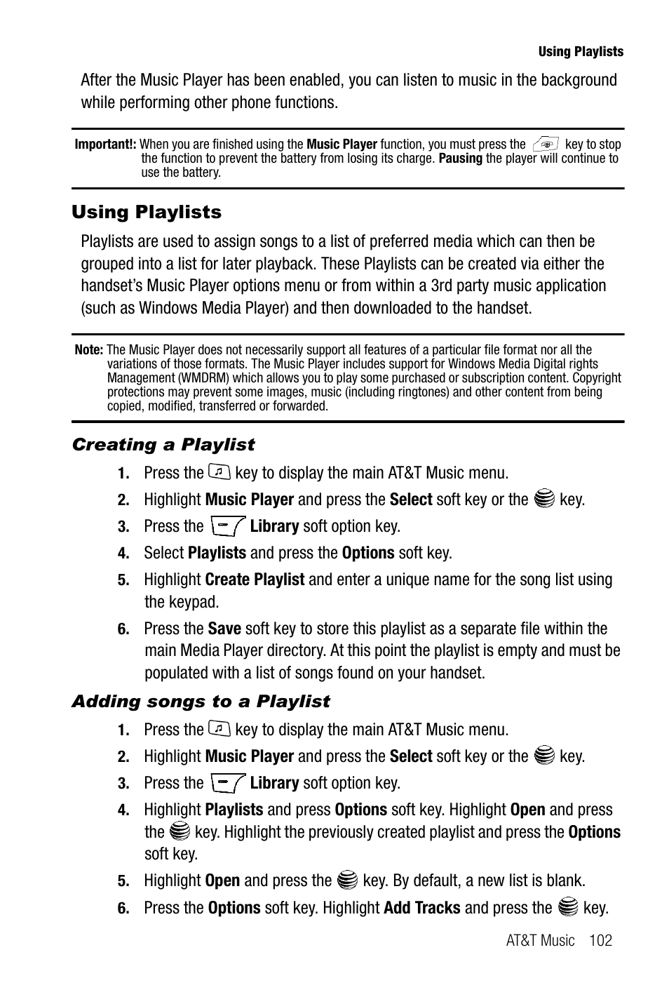 Using playlists, Creating a playlist, Adding songs to a playlist | Samsung SGH-A737HBAATT User Manual | Page 105 / 180