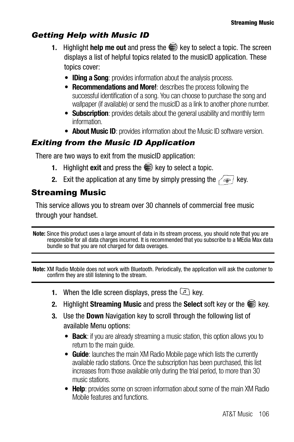 Getting help with music id, Exiting from the music id application, Streaming music | Samsung SGH-A737HBAATT User Manual | Page 109 / 180