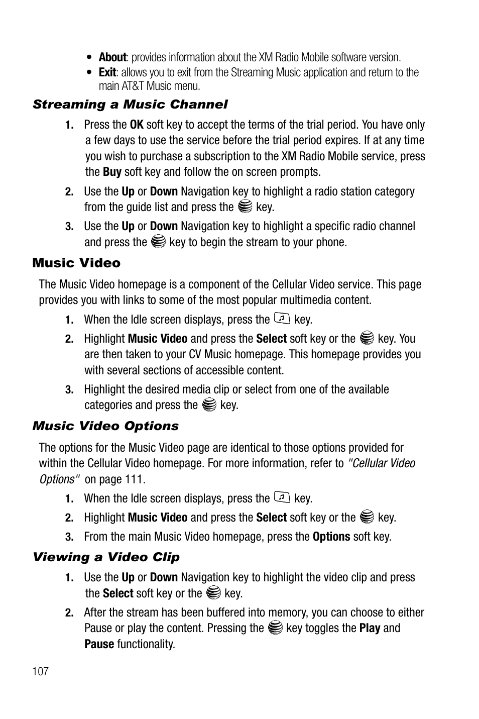 Streaming a music channel, Music video, Music video options | Viewing a video clip | Samsung SGH-A737HBAATT User Manual | Page 110 / 180