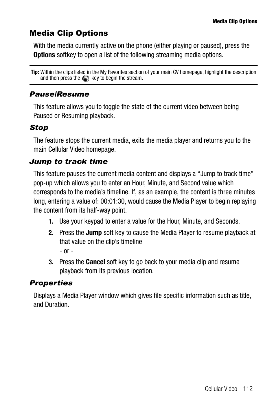 Media clip options, Pause/resume, Stop | Jump to track time, Properties | Samsung SGH-A737HBAATT User Manual | Page 115 / 180