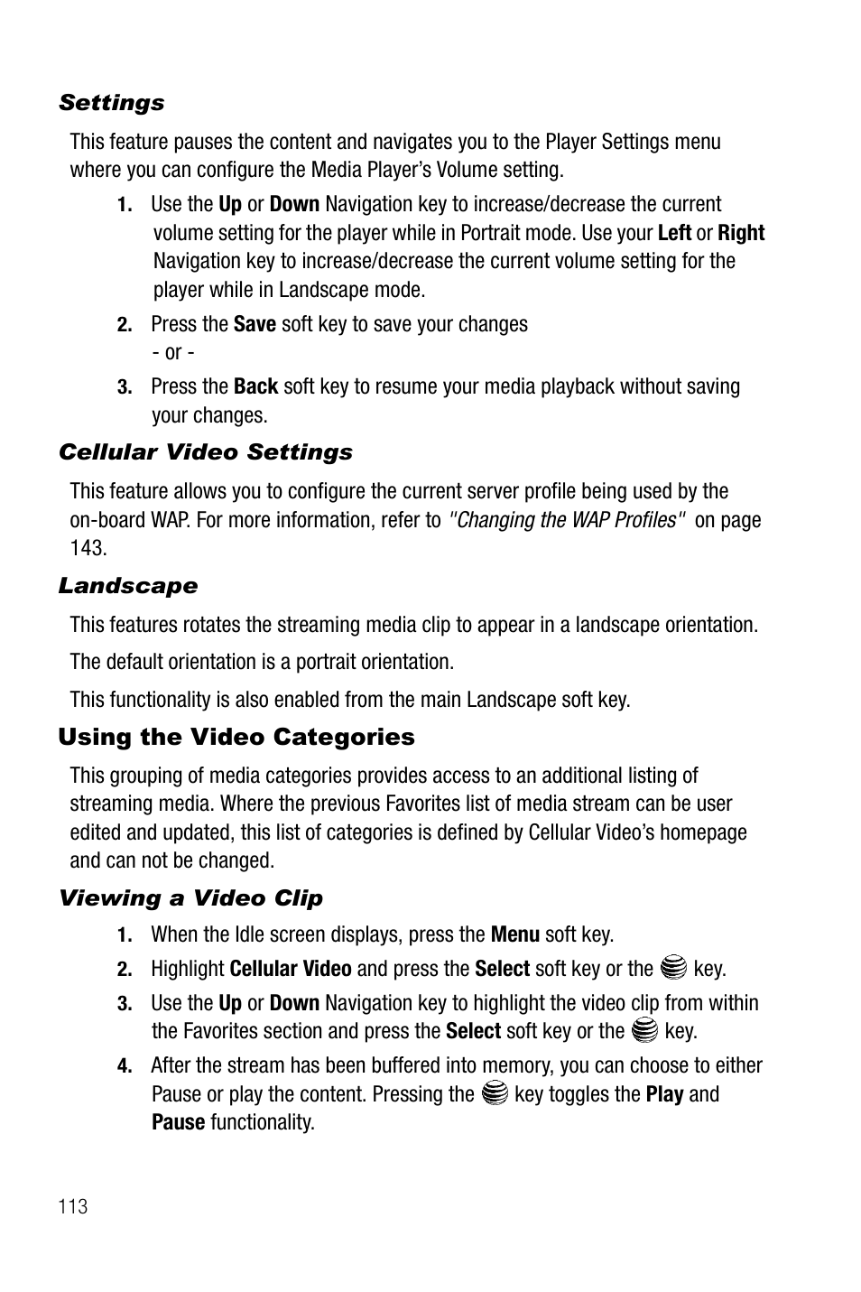 Settings, Cellular video settings, Landscape | Using the video categories, Viewing a video clip | Samsung SGH-A737HBAATT User Manual | Page 116 / 180