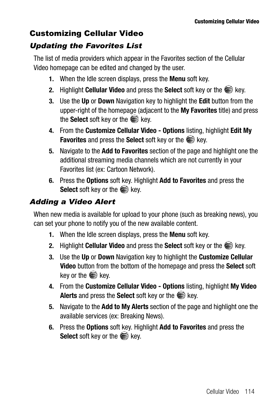 Customizing cellular video, Updating the favorites list, Adding a video alert | Samsung SGH-A737HBAATT User Manual | Page 117 / 180
