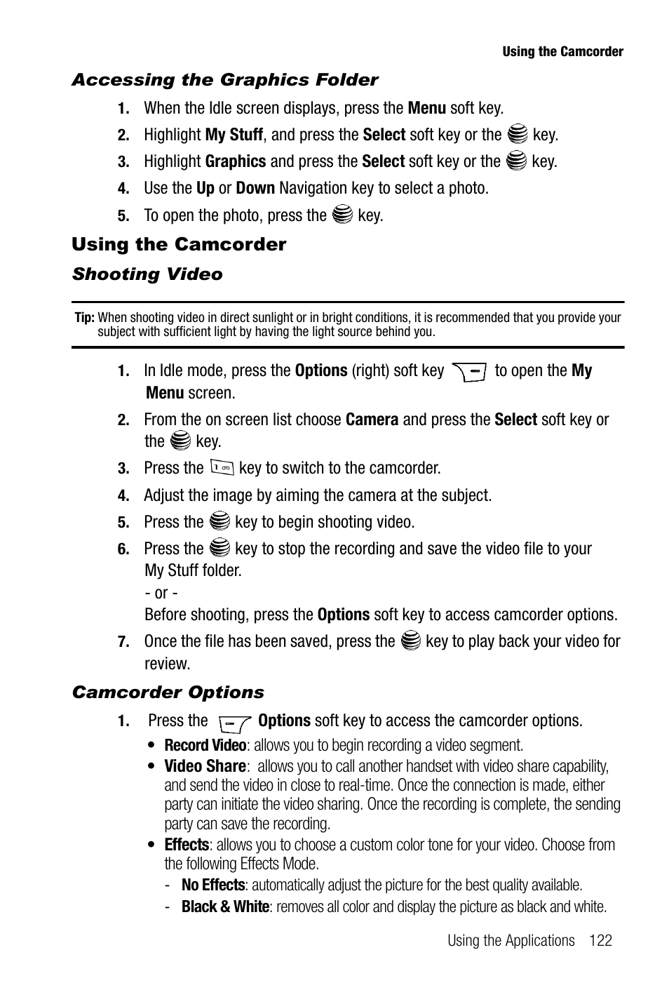 Accessing the graphics folder, Using the camcorder, Shooting video | Camcorder options | Samsung SGH-A737HBAATT User Manual | Page 125 / 180