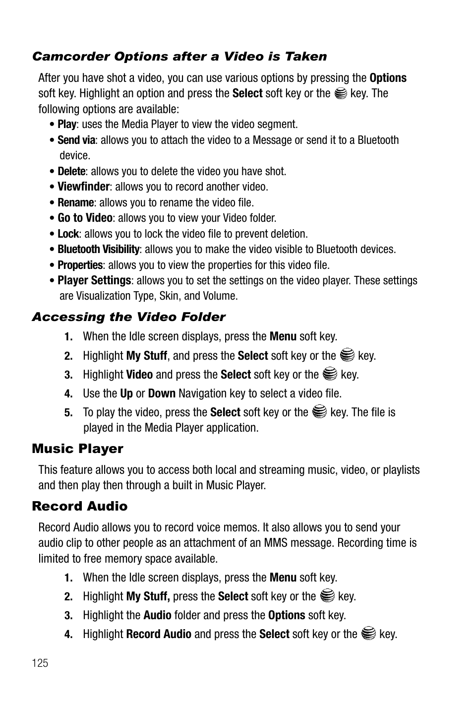 Camcorder options after a video is taken, Accessing the video folder, Music player | Record audio, Music player record audio | Samsung SGH-A737HBAATT User Manual | Page 128 / 180