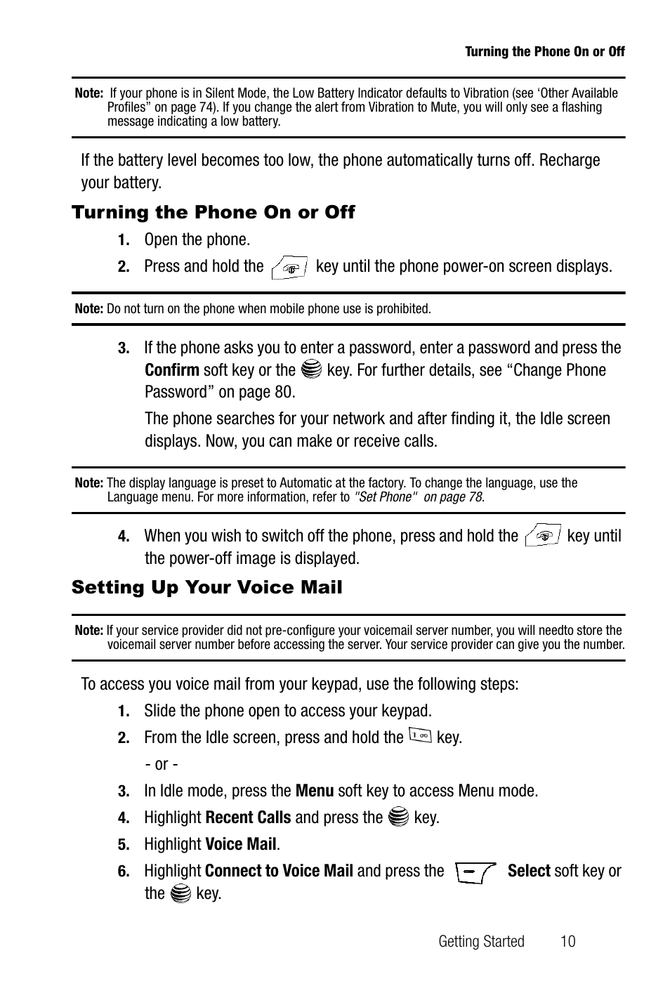 Turning the phone on or off, Setting up your voice mail | Samsung SGH-A737HBAATT User Manual | Page 13 / 180