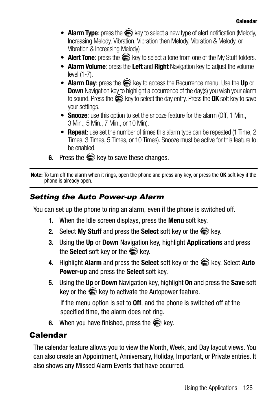 Setting the auto power-up alarm, Calendar | Samsung SGH-A737HBAATT User Manual | Page 131 / 180