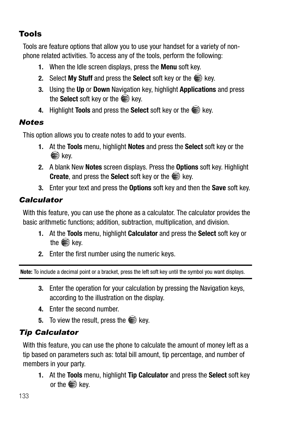 Tools, Notes, Calculator | Tip calculator | Samsung SGH-A737HBAATT User Manual | Page 136 / 180