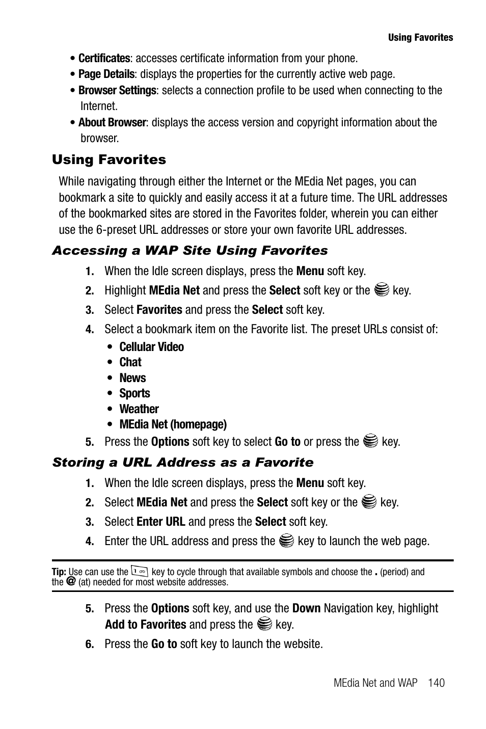 Using favorites, Accessing a wap site using favorites, Storing a url address as a favorite | Samsung SGH-A737HBAATT User Manual | Page 143 / 180