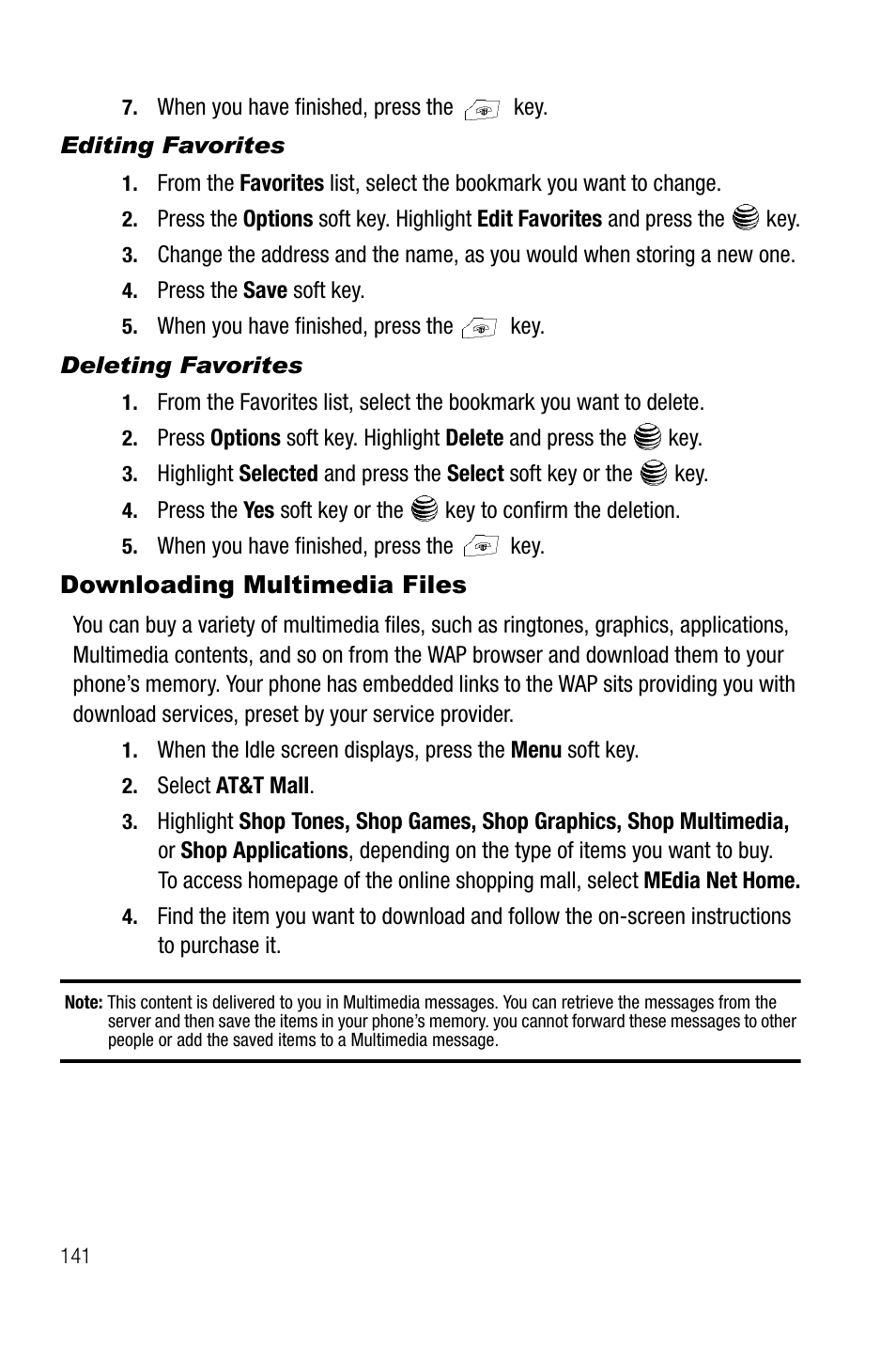 Editing favorites, Deleting favorites, Downloading multimedia files | Samsung SGH-A737HBAATT User Manual | Page 144 / 180