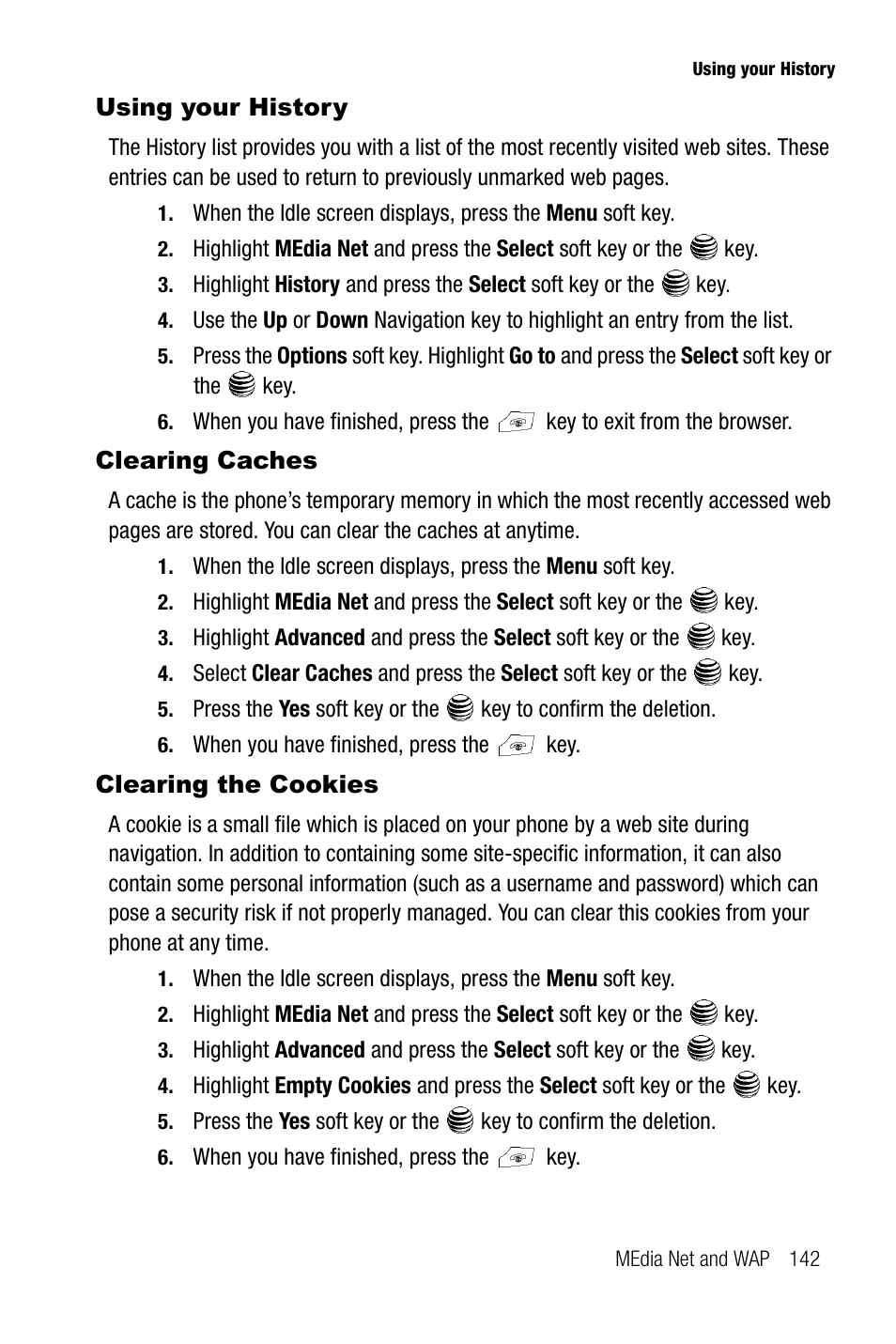 Using your history, Clearing caches, Clearing the cookies | Samsung SGH-A737HBAATT User Manual | Page 145 / 180