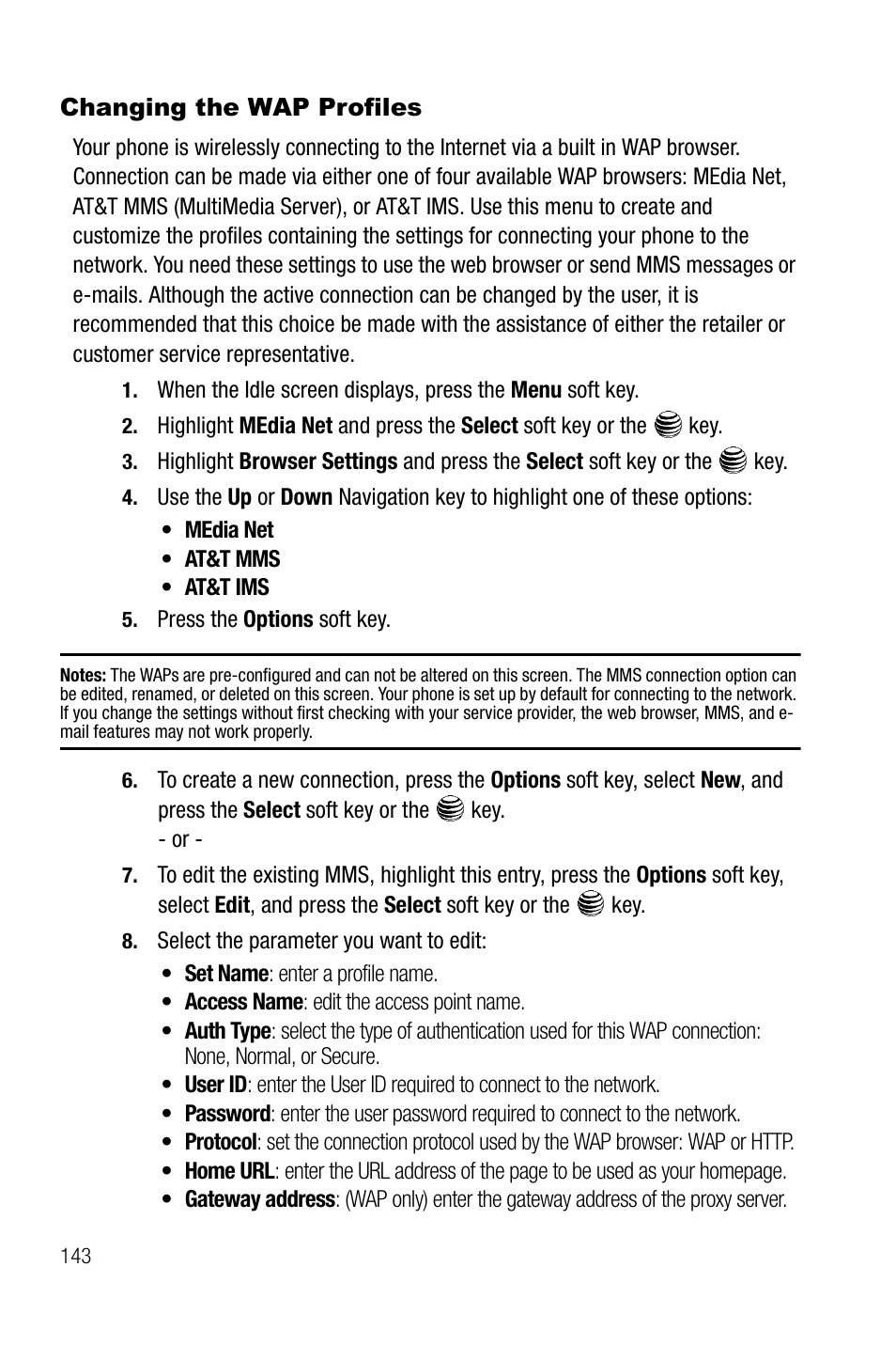 Changing the wap profiles | Samsung SGH-A737HBAATT User Manual | Page 146 / 180