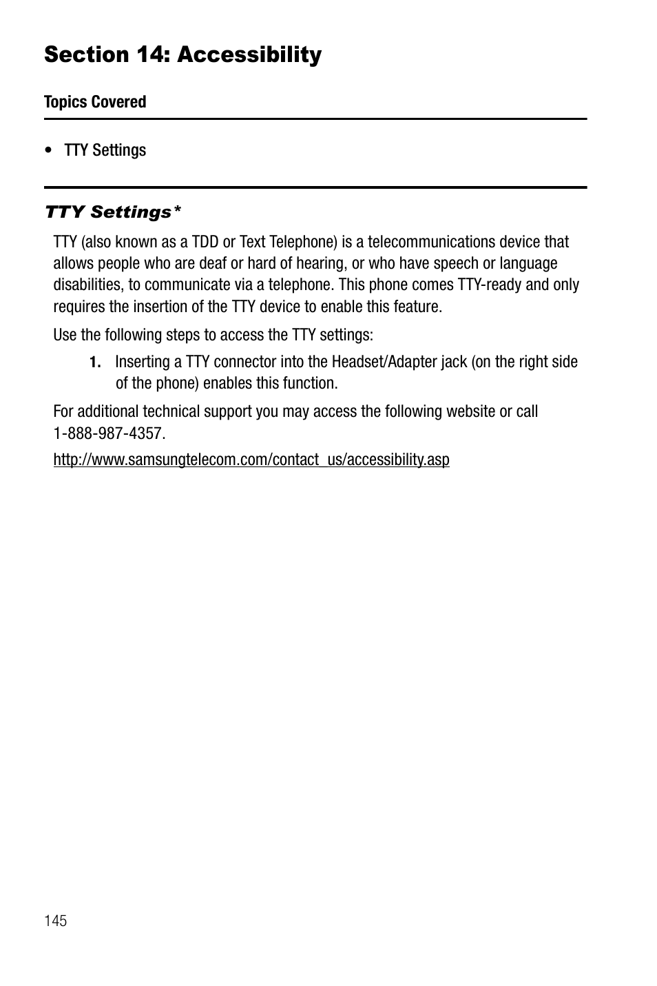 Section 14: accessibility, Tty settings | Samsung SGH-A737HBAATT User Manual | Page 148 / 180