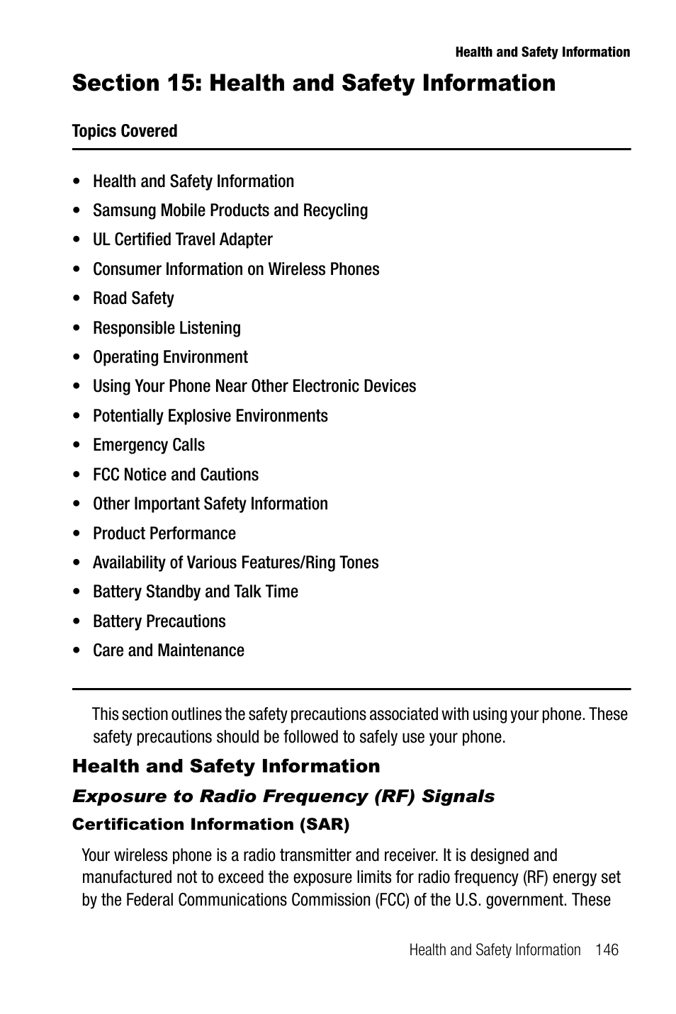 Section 15: health and safety information, Health and safety information, Exposure to radio frequency (rf) signals | Certification information (sar) | Samsung SGH-A737HBAATT User Manual | Page 149 / 180