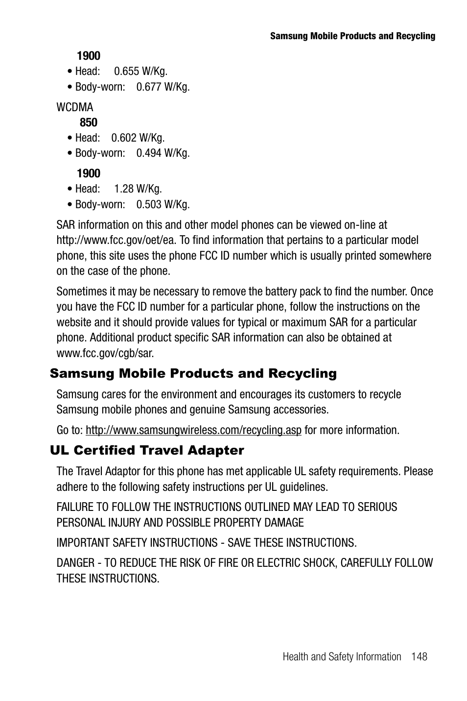 Samsung mobile products and recycling, Ul certified travel adapter | Samsung SGH-A737HBAATT User Manual | Page 151 / 180