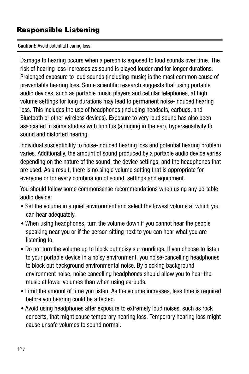 Responsible listening | Samsung SGH-A737HBAATT User Manual | Page 160 / 180