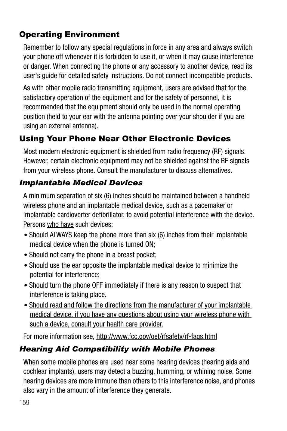 Operating environment, Using your phone near other electronic devices, Implantable medical devices | Hearing aid compatibility with mobile phones | Samsung SGH-A737HBAATT User Manual | Page 162 / 180