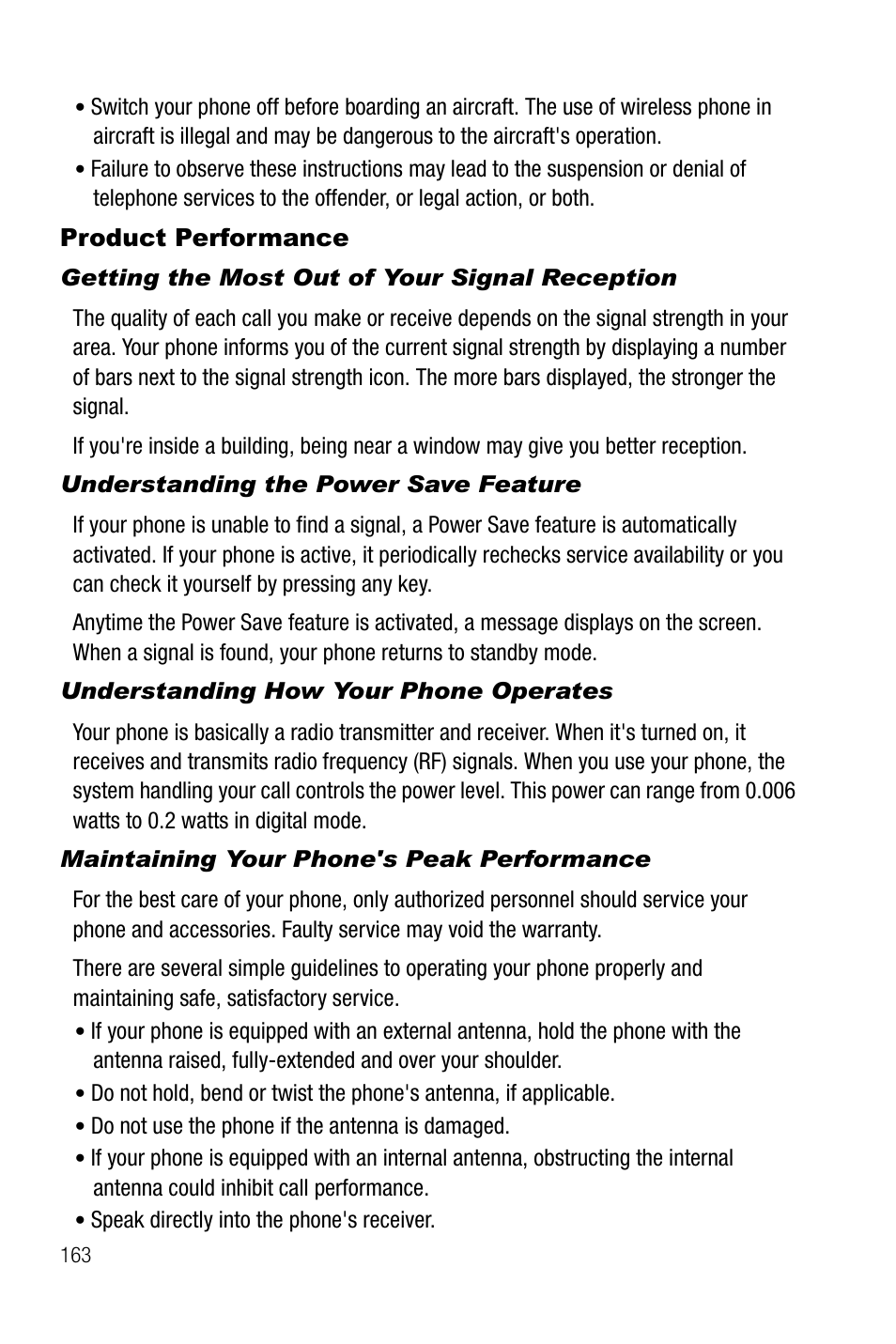 Product performance, Getting the most out of your signal reception, Understanding the power save feature | Understanding how your phone operates, Maintaining your phone's peak performance | Samsung SGH-A737HBAATT User Manual | Page 166 / 180