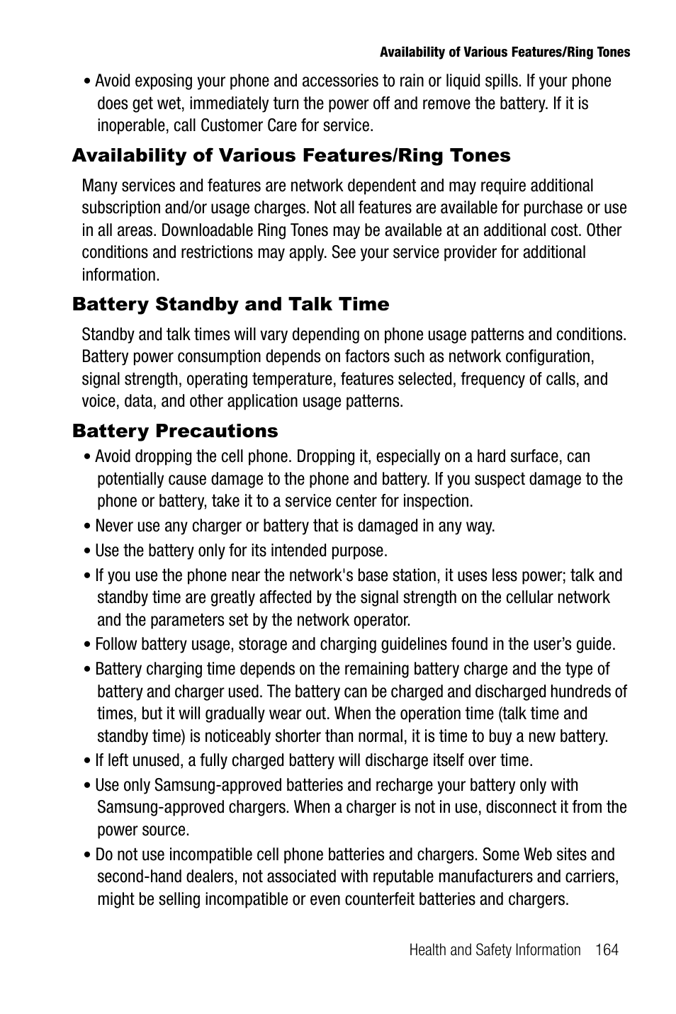 Availability of various features/ring tones, Battery standby and talk time, Battery precautions | Samsung SGH-A737HBAATT User Manual | Page 167 / 180