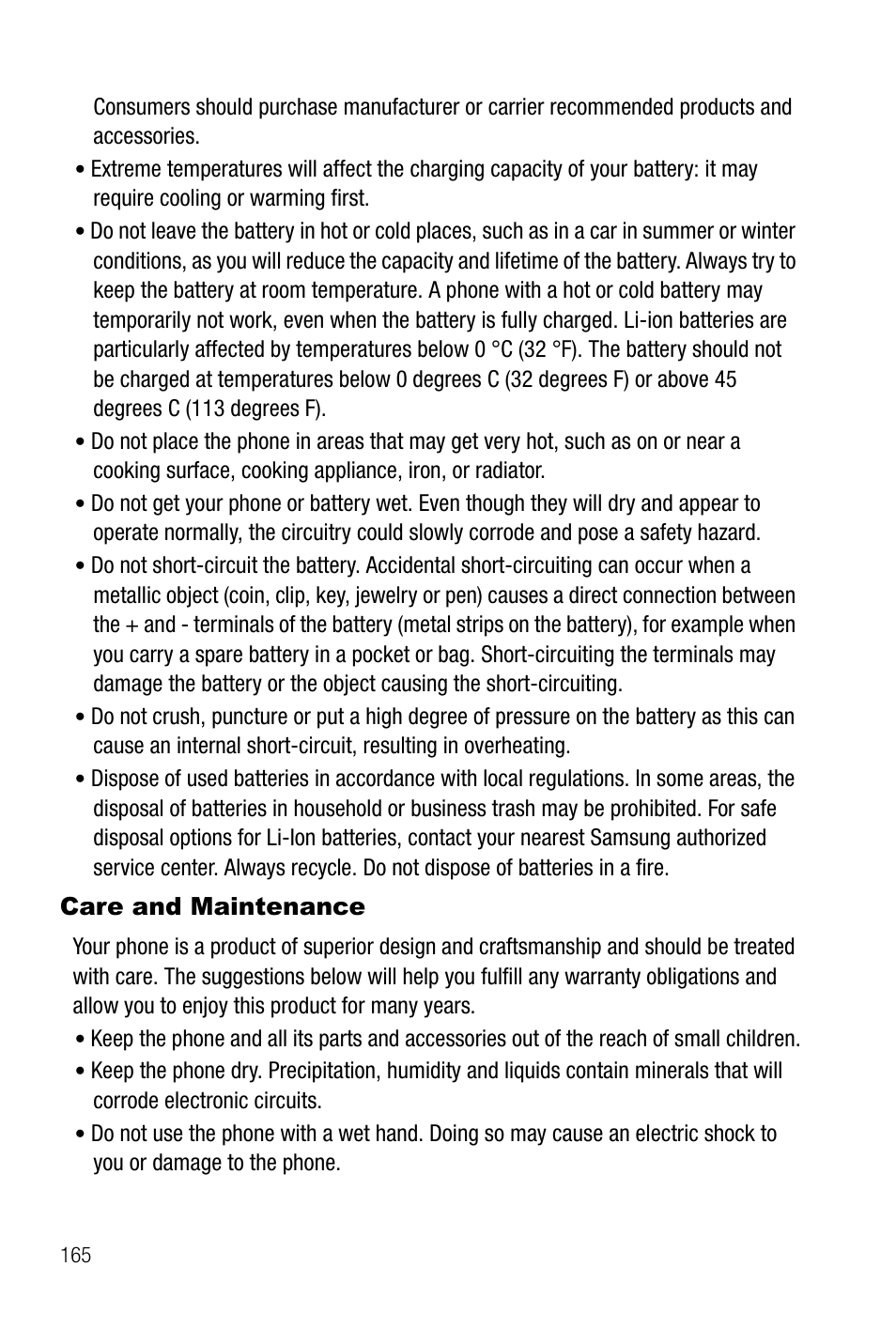 Care and maintenance | Samsung SGH-A737HBAATT User Manual | Page 168 / 180