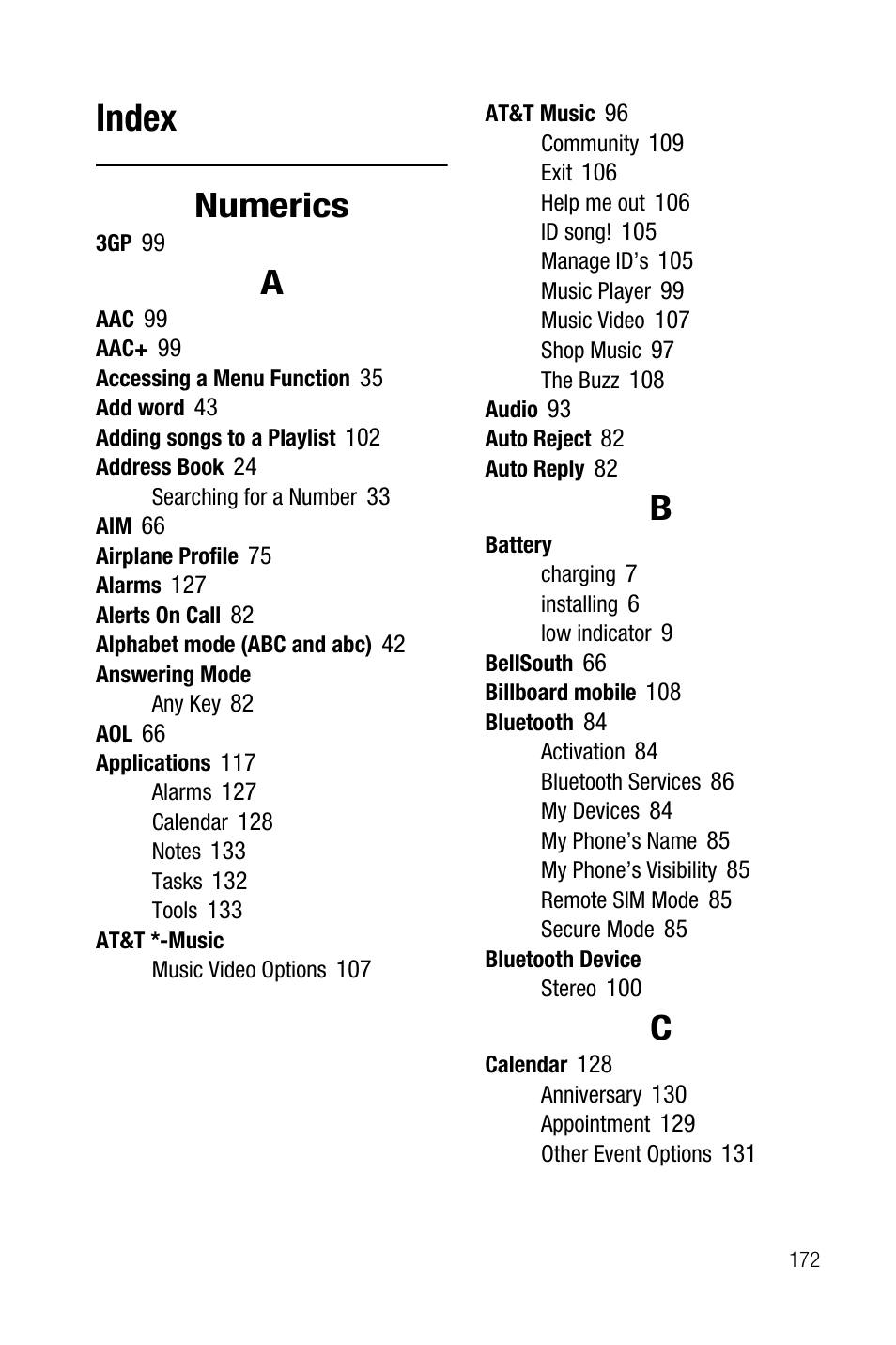 Index, Numerics | Samsung SGH-A737HBAATT User Manual | Page 175 / 180