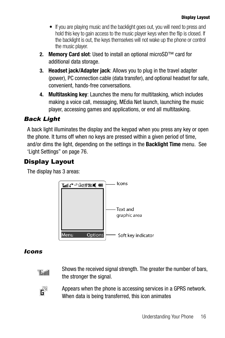 Back light, Display layout, Icons | Samsung SGH-A737HBAATT User Manual | Page 19 / 180