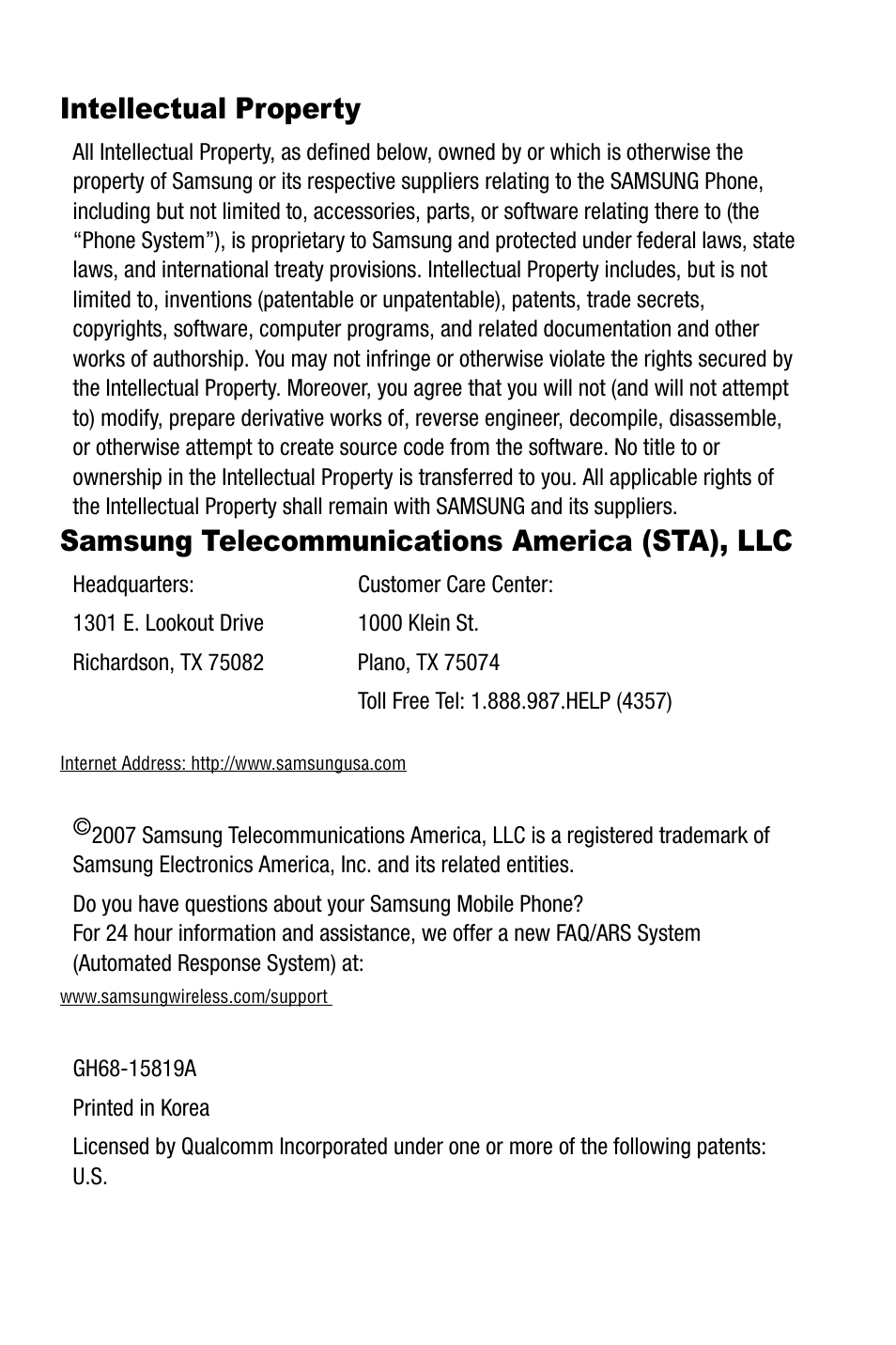Intellectual property, Samsung telecommunications america (sta), llc | Samsung SGH-A737HBAATT User Manual | Page 2 / 180