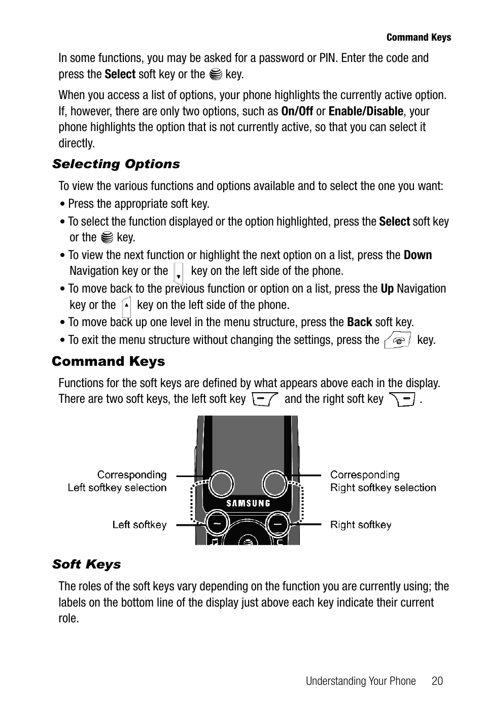 Selecting options, Command keys, Soft keys | Samsung SGH-A737HBAATT User Manual | Page 23 / 180