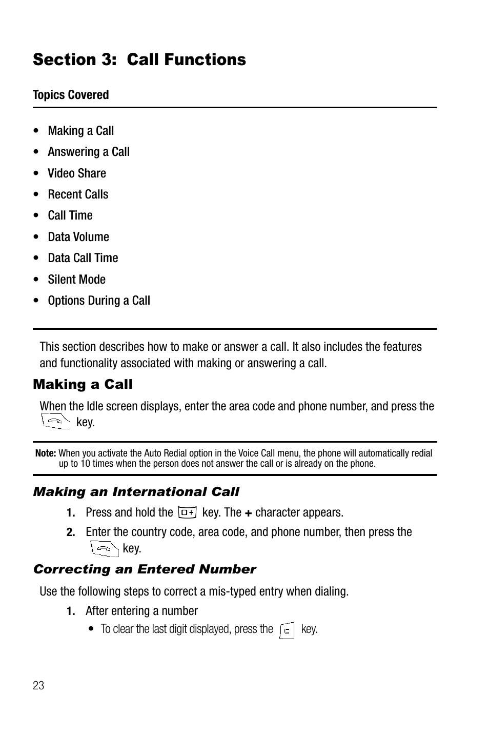 Section 3: call functions, Making a call, Making an international call | Correcting an entered number | Samsung SGH-A737HBAATT User Manual | Page 26 / 180