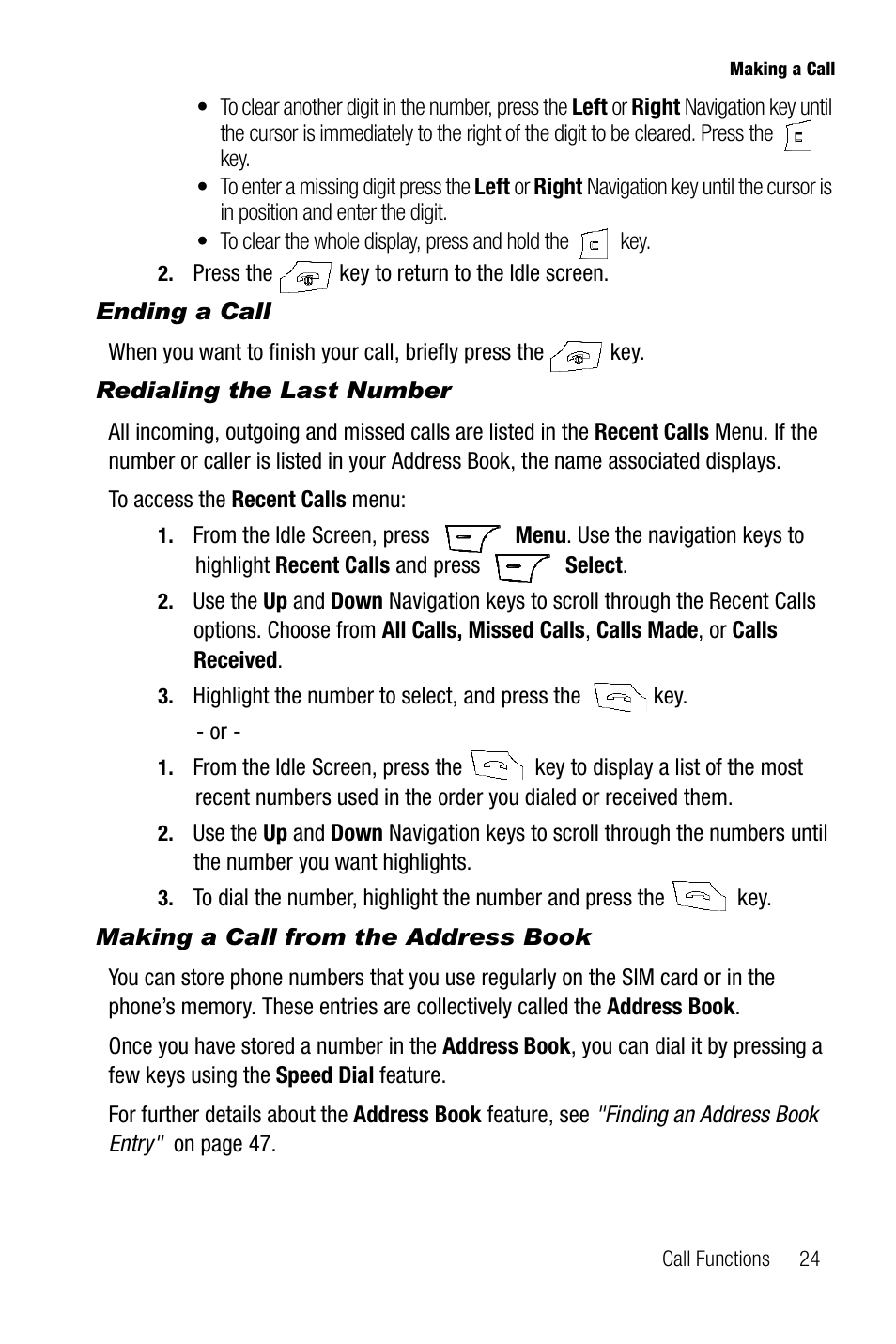 Ending a call, Redialing the last number, Making a call from the address book | Samsung SGH-A737HBAATT User Manual | Page 27 / 180