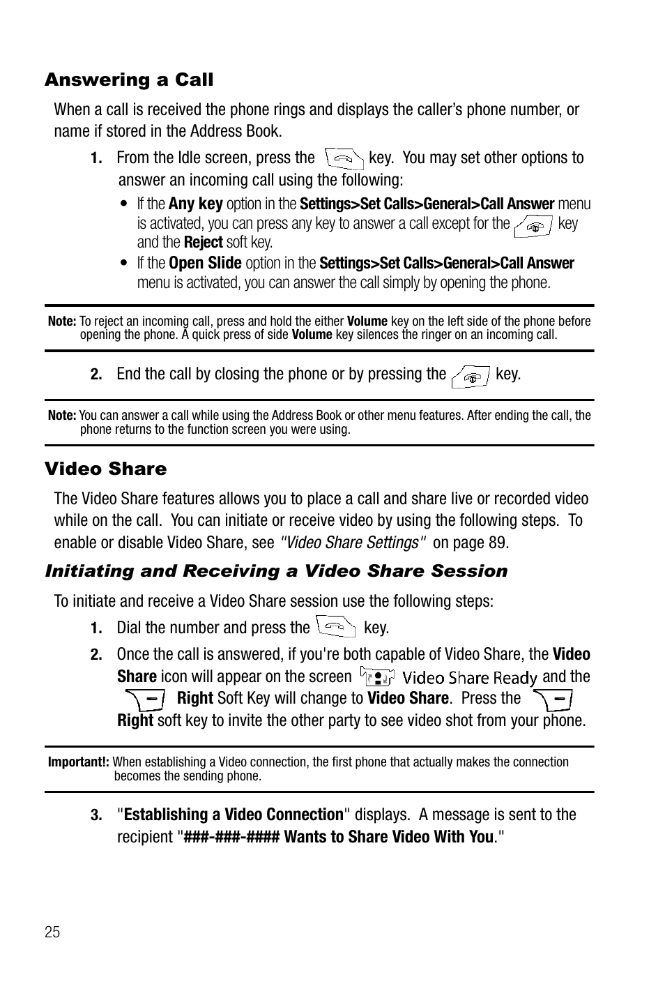 Answering a call, Video share, Initiating and receiving a video share session | Answering a call video share | Samsung SGH-A737HBAATT User Manual | Page 28 / 180