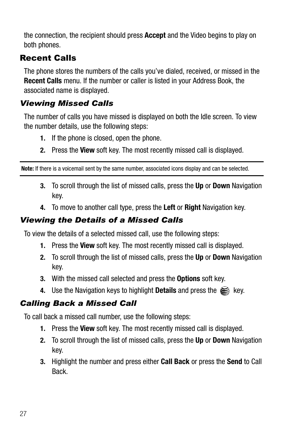 Recent calls, Viewing missed calls, Viewing the details of a missed calls | Calling back a missed call | Samsung SGH-A737HBAATT User Manual | Page 30 / 180