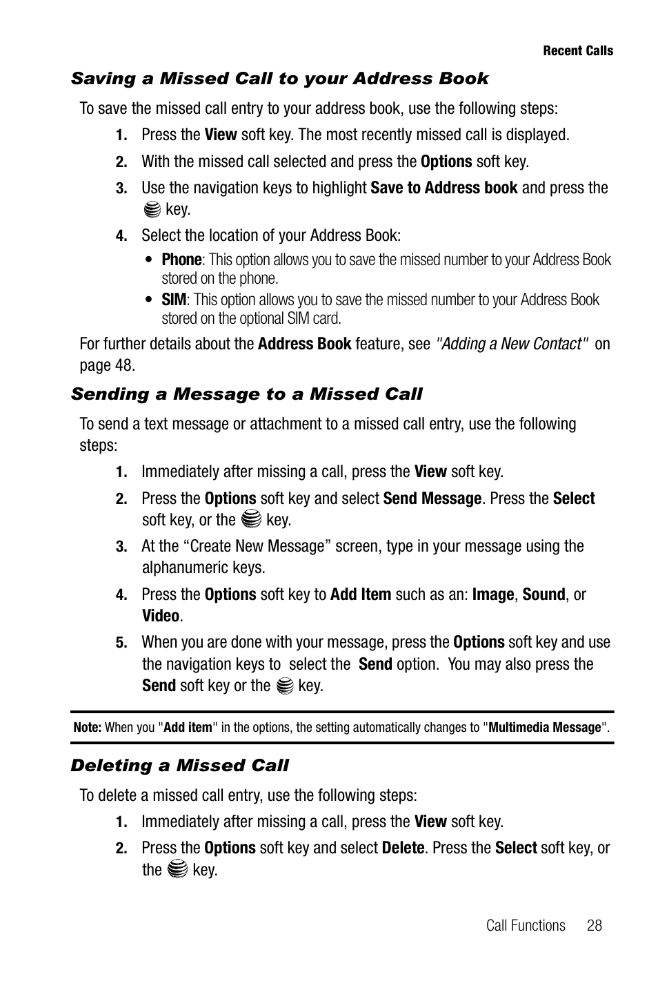 Saving a missed call to your address book, Sending a message to a missed call, Deleting a missed call | Samsung SGH-A737HBAATT User Manual | Page 31 / 180