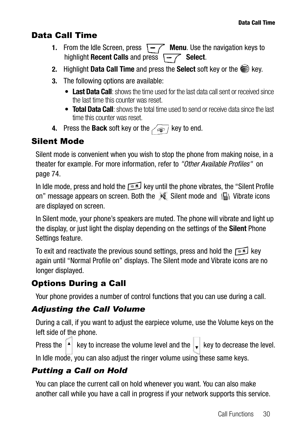 Data call time, Silent mode, Options during a call | Adjusting the call volume, Putting a call on hold, Data call time silent mode options during a call | Samsung SGH-A737HBAATT User Manual | Page 33 / 180