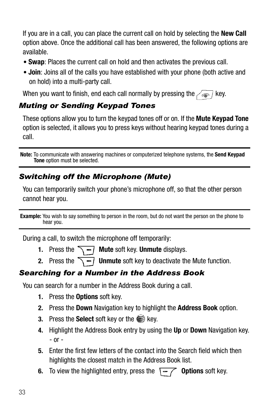 Muting or sending keypad tones, Switching off the microphone (mute), Searching for a number in the address book | Samsung SGH-A737HBAATT User Manual | Page 36 / 180