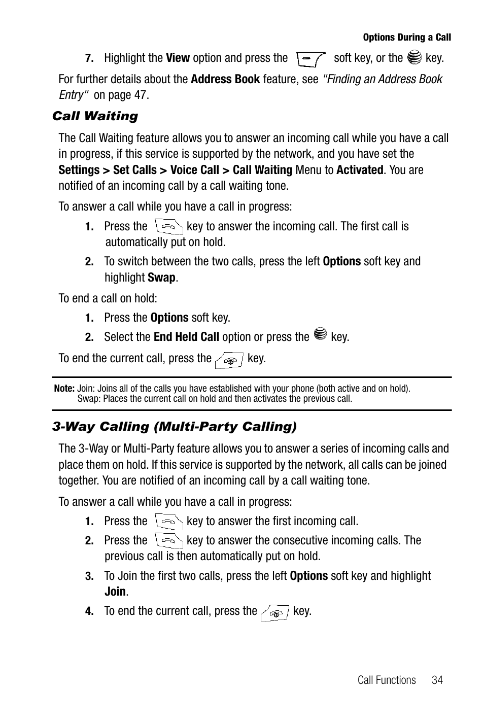 Call waiting, Way calling (multi-party calling) | Samsung SGH-A737HBAATT User Manual | Page 37 / 180